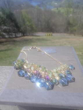 Gold Chain Statement Necklace with Blue, Green and Iridescent Beads Never Worn